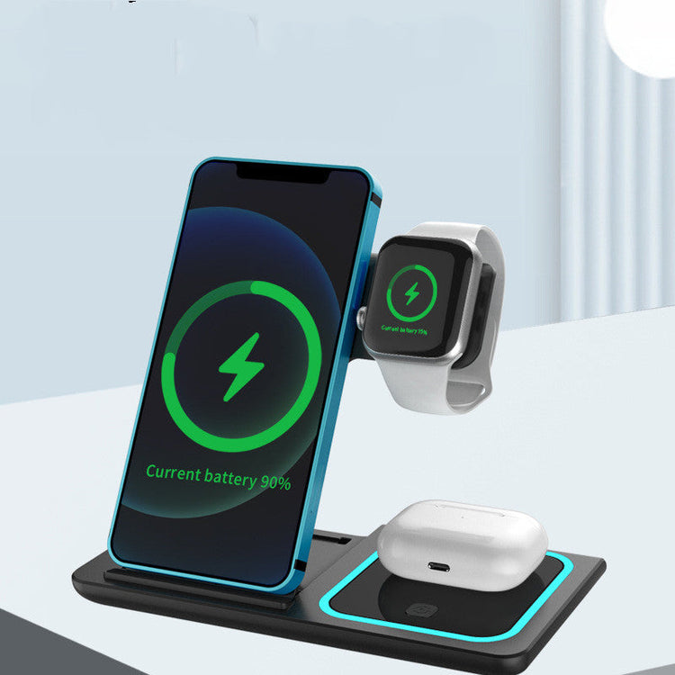 Black X455 3-in-1 wireless charging station shown with a phone, watch and earbud case; devices not included